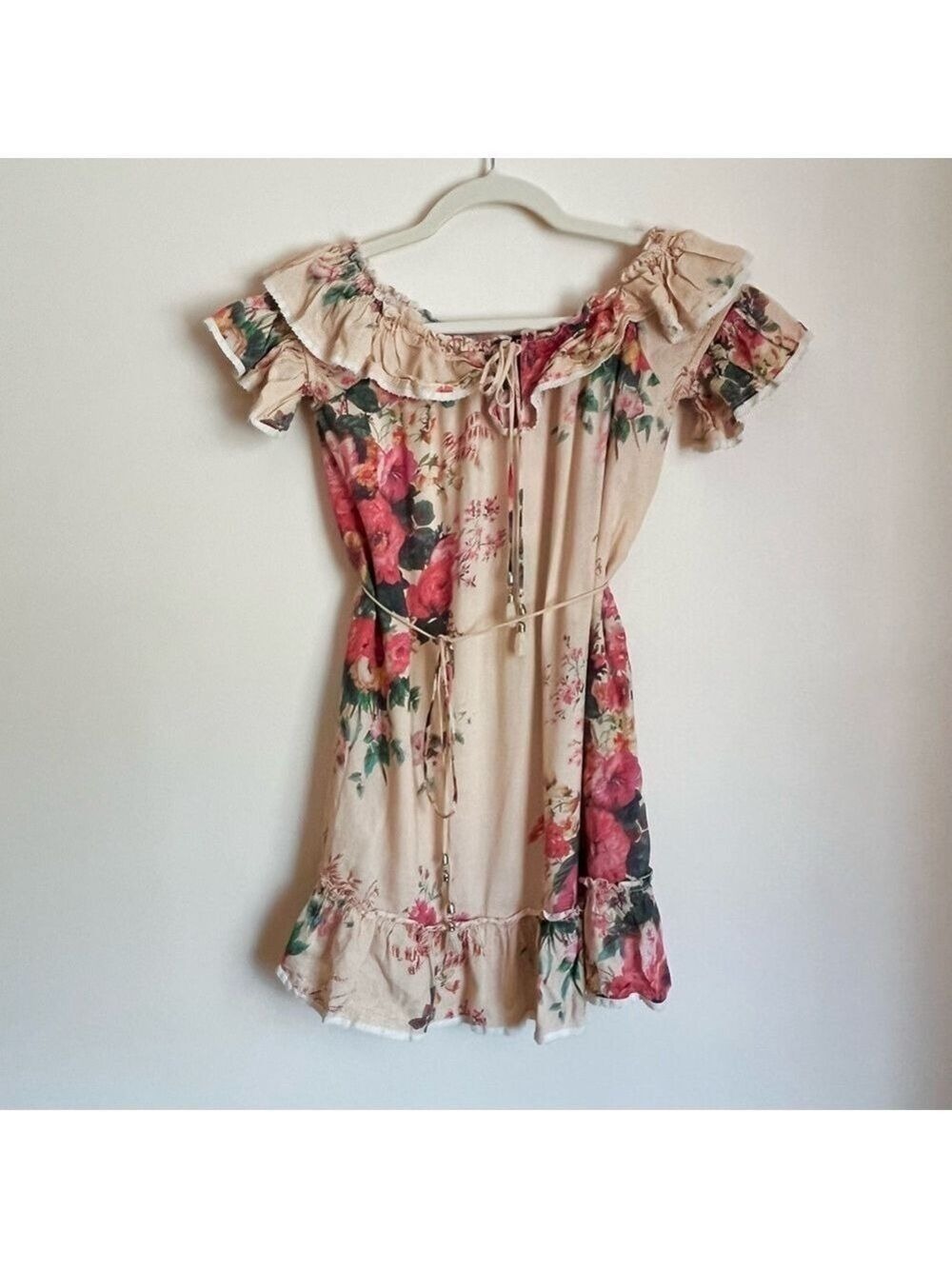 OPT Off Shoulder Floral Linen Blend Peasant Dress Size S Cottagecore Boho Ruffle